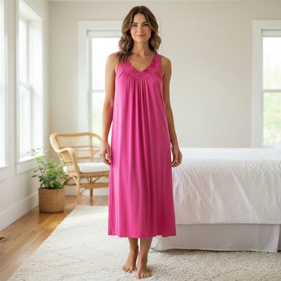 Vintage Shadowline Hot Pink Nightgown Floral Embroidered Nylon Sleepwear Medium - Picture 1 of 10